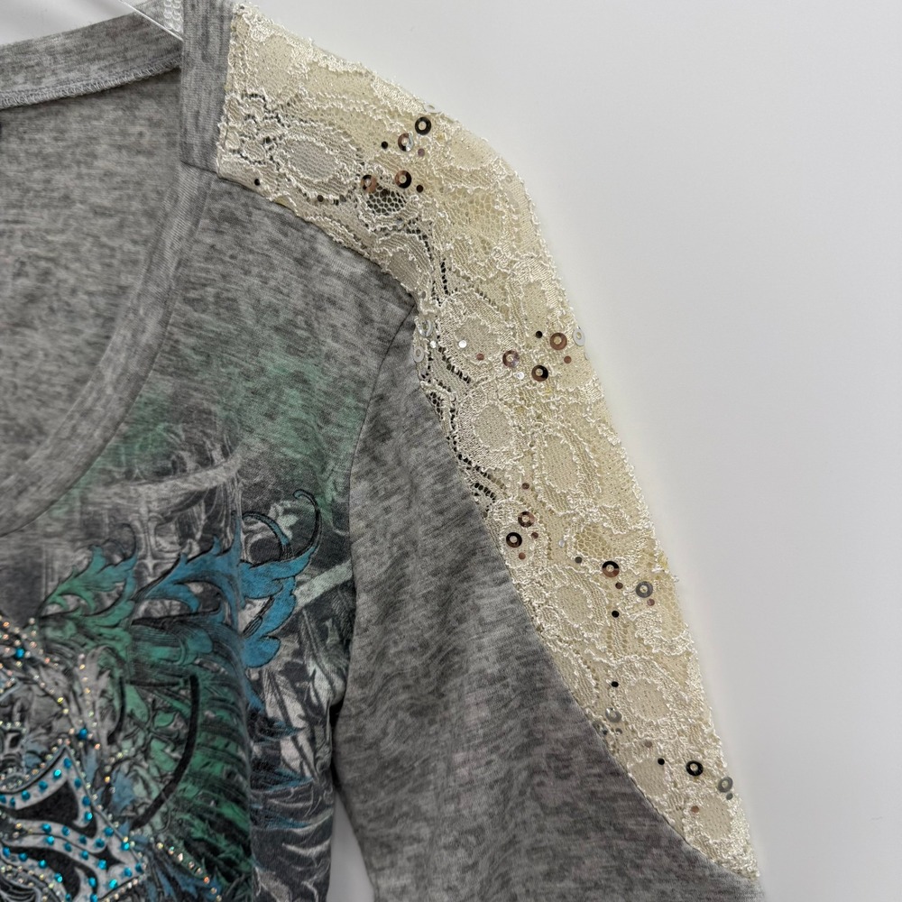 Y2K Angels & Diamonds Cross Graphic Rhinestone Lace Top Size M Bling Embellished - Picture 3 of 10